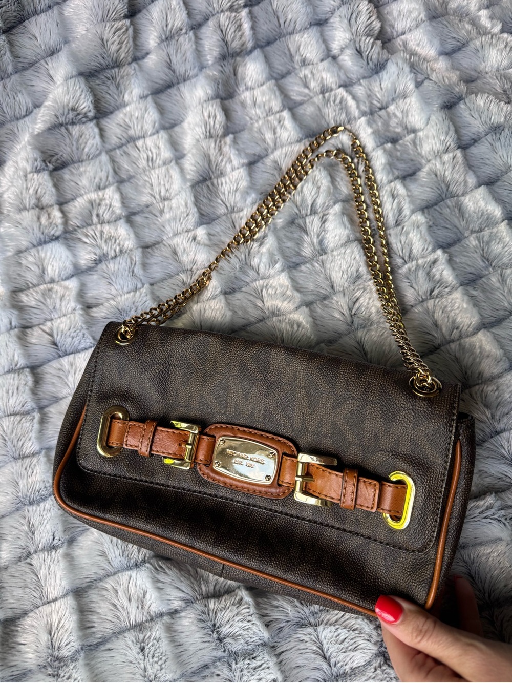 Michael Kors Dark Brown Logo Shoulder Bag with Gold Chain